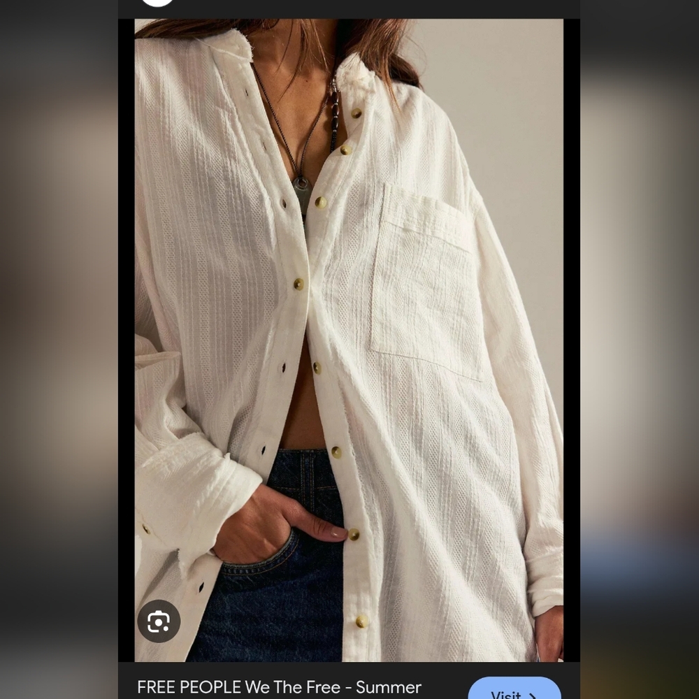 We The Free White Textured Oversized Shirt with Gold Buttons